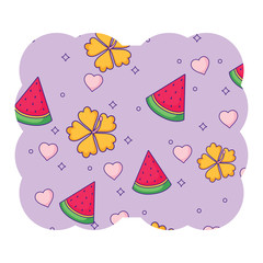 decorative frame with tropical flowers and watermelon pattern over white background, vector illustration