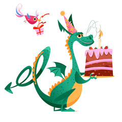 Bird and flying dragon with gift, flower and a birthday cake. Happy birthday!