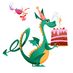 Obraz premium Bird and flying dragon with gift, flower and a birthday cake. Happy birthday!