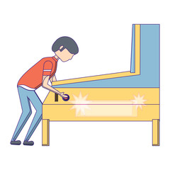 man playing with a arcade machine over whtie background, vector illustration