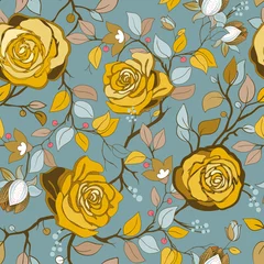 Schilderijen op glas Yellow and blue floral pattern. Vector wallpaper with big illustration roses. Hand drawn roses © sunny_lion