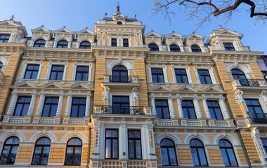 Photo of a building facade ,Riga, Latvia. This building is an example of Art Nouveau architectural style