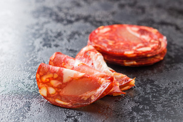 Sliced chorizo salami sausage.