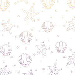 background of seashell and sea stars pattern, vector illustration