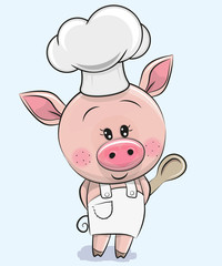 Caroon Pig in a cook hat with spoon
