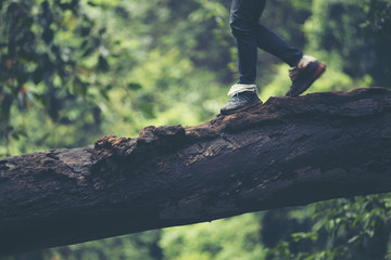 Woman Traveler with backpack hiking on bridge over river Travel Lifestyle concept forest on background Summer journey vacations outdoor