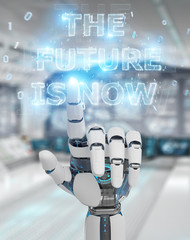 White cyborg hand using future decision text interface 3D rendering