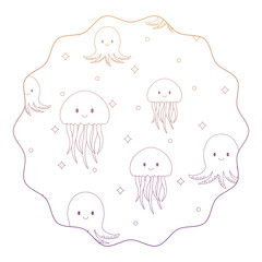 circular frame with cute jellyfish pattern over white background, vector illustration