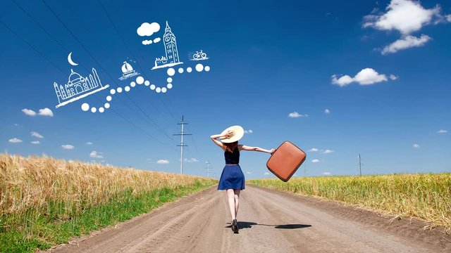 redhead girl with suitcase and animated international travel route at outdoor.
