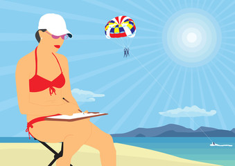 Girl paints the sea. The girl in the cap is engaged in drawing on the beach of the sea.