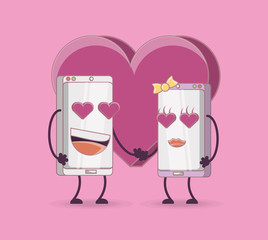 In love cartoon smartphones over heart icon and pink background, colorful design. vector illustration