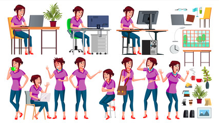 Office Worker Vector. Woman. Professional Officer, Clerk. Adult Business Female. Lady Face Emotions, Various Gestures. Isolated Cartoon Illustration