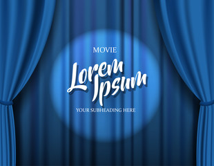 Teathre stage template with blue heavy curtain and golden text.