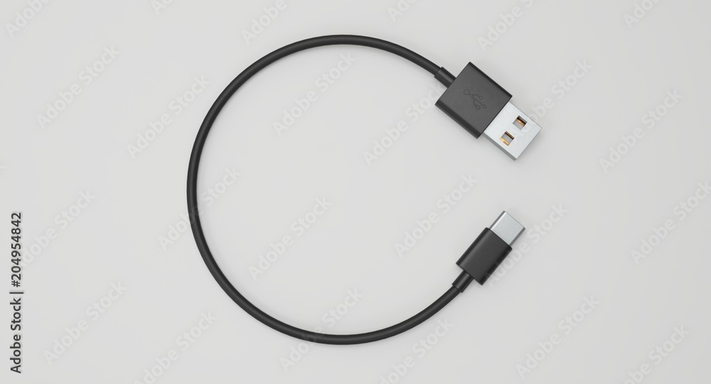 Poster 3d rendering - power usb cable with type-c connector isolated on white background.