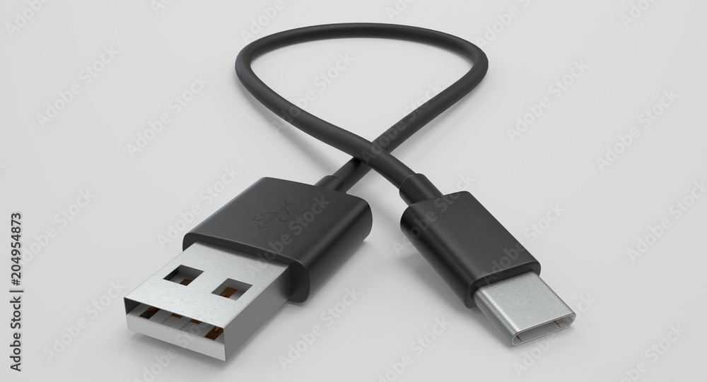 Aufkleber 3d rendering - power usb cable with type-c connector isolated on white background.