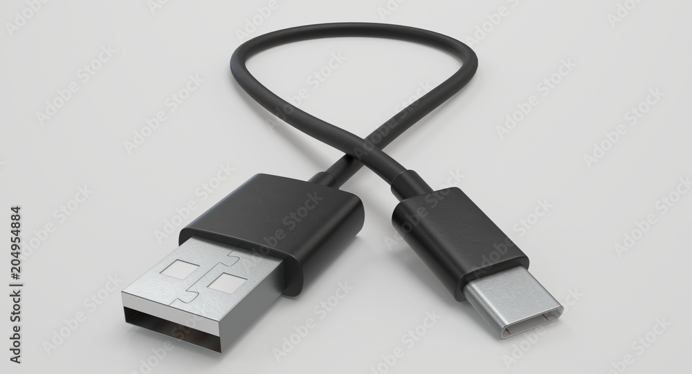 Poster 3d rendering - power usb cable with type-c connector isolated on white background.
