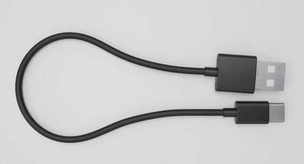 3D rendering - power usb cable with type-c connector isolated on white background.