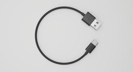 3D rendering - power usb cable with type-c connector isolated on white background.