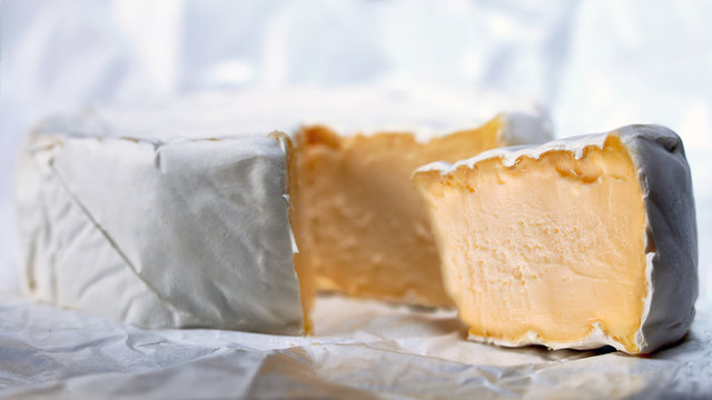 Piece of Camembert cheese with blueberry on white background