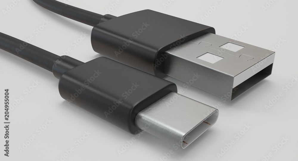 Aufkleber 3d rendering - power usb cable with type-c connector isolated on white background.
