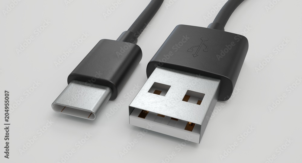Poster 3d rendering - power usb cable with type-c connector isolated on white background.