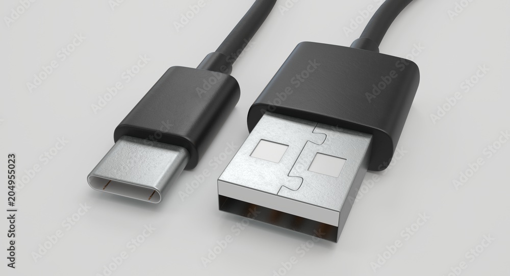 Poster 3d rendering - power usb cable with type-c connector isolated on white background.
