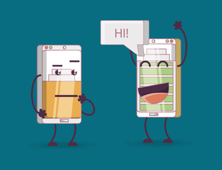 cartoon smartphones talking over blue background, colorful design. vector illustration 