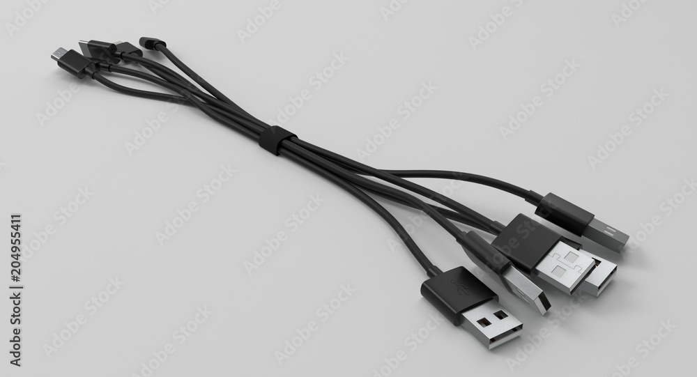 Aufkleber 3d rendering - set of power usb cables with micro-b, type-c and lightning connectors isolated on whi