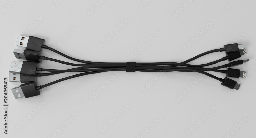 Aufkleber 3d rendering - set of power usb cables with micro-b, type-c and lightning connectors isolated on whi