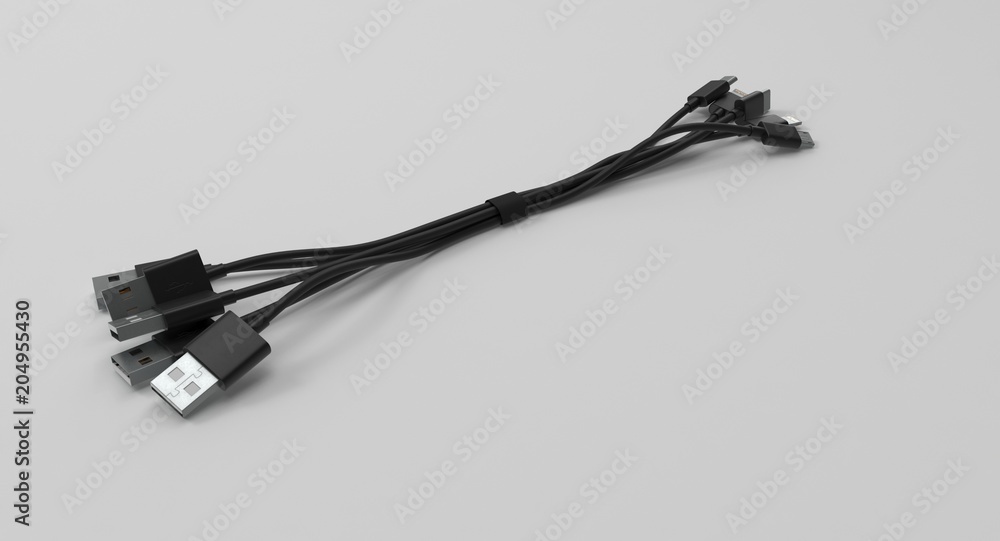 Aufkleber 3d rendering - set of power usb cables with micro-b, type-c and lightning connectors isolated on whi
