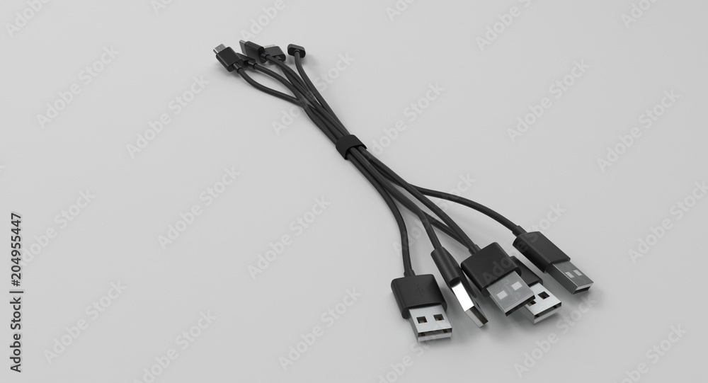 Aufkleber 3d rendering - set of power usb cables with micro-b, type-c and lightning connectors isolated on whi