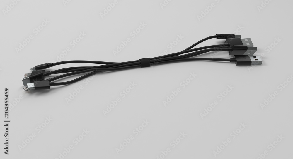 Poster 3d rendering - set of power usb cables with micro-b, type-c and lightning connectors isolated on whi