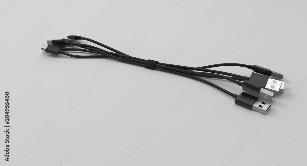 Aufkleber 3d rendering - set of power usb cables with micro-b, type-c and lightning connectors isolated on whi