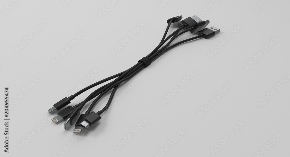 Aufkleber 3d rendering - set of power usb cables with micro-b, type-c and lightning connectors isolated on whi