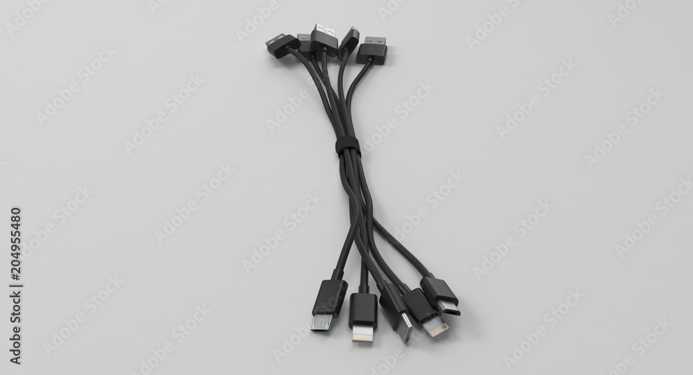 Aufkleber 3d rendering - set of power usb cables with micro-b, type-c and lightning connectors isolated on whi