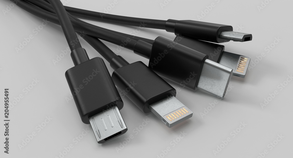 Aufkleber 3d rendering - set of power usb cables with micro-b, type-c and lightning connectors isolated on whi