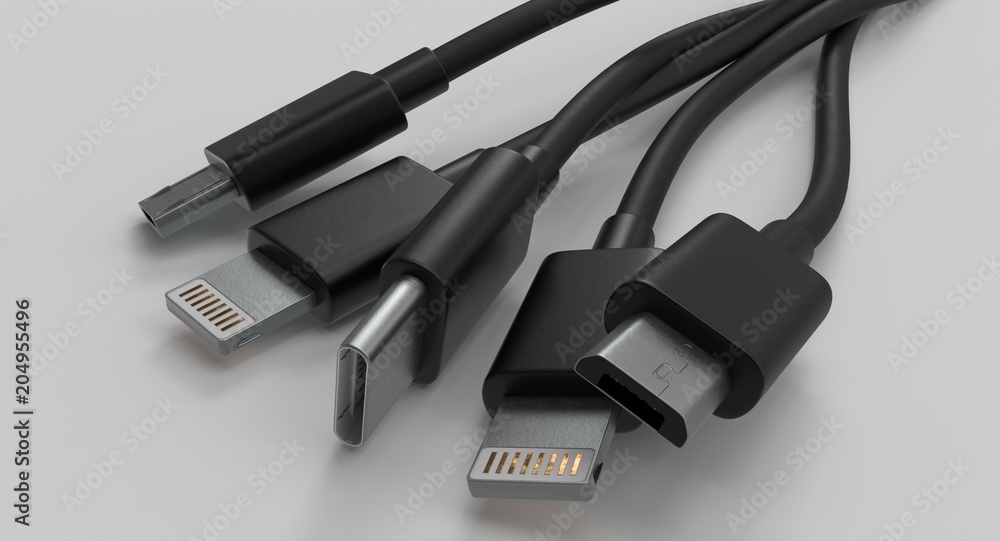 Aufkleber 3d rendering - set of power usb cables with micro-b, type-c and lightning connectors isolated on whi
