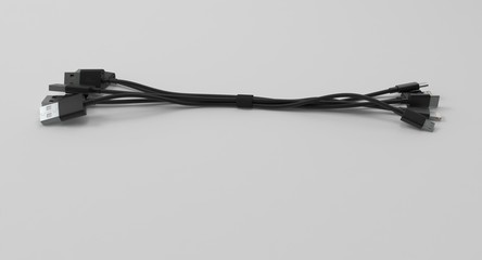 3D rendering - set of power usb cables with micro-b, type-c and lightning connectors isolated on white background.