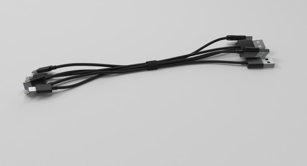 Fototapeta premium 3D rendering - set of power usb cables with micro-b, type-c and lightning connectors isolated on white background.