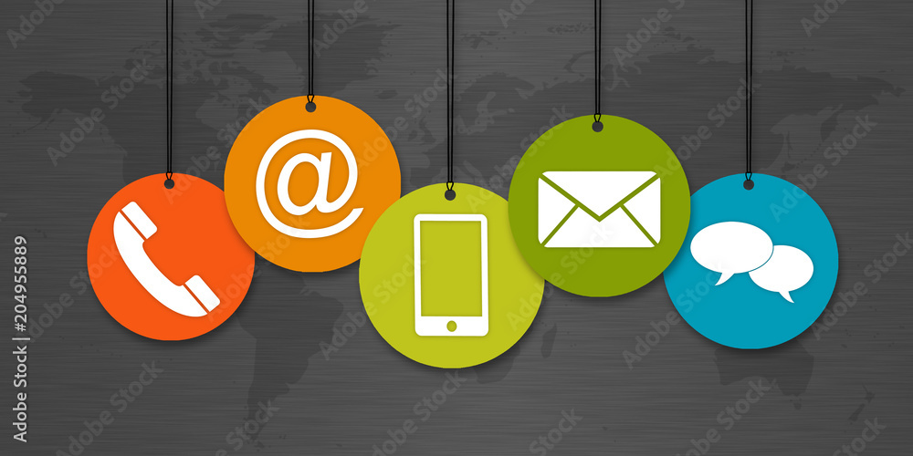 Wall mural website and internet contact us page concept with hanging icons in front of a ark world map backgrou