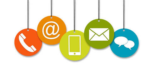 Website and Internet contact us page concept with hanging icons in front of a isolated background