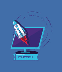 Fintech concept with computer and rocket over blue background, vector illustration