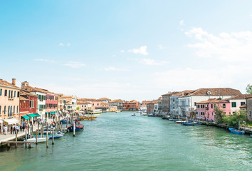 Fototapeta na wymiar Panorama of Murano Island,Italy,15 May 2018,panorama of the large canal of the island of Murano main water street of the island, wallpaper, texture,