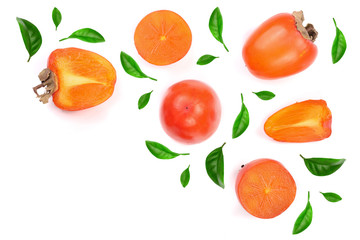 persimmon decorated with leaves isolated on white background with copy space for your text. Top view. Flat lay pattern
