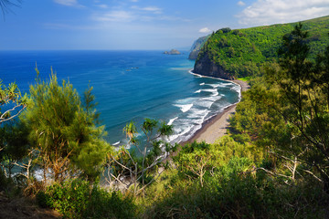 Stunning view of rocky beach of Pololu Valley, Big Island, Hawaii, taken from Pololu trail.