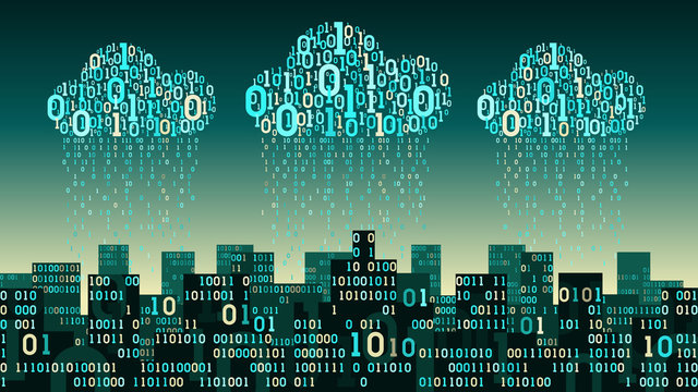 Abstract futuristic smart city with the artificial intelligence and internet of things, connected to cloud storage, binary rain - data stream, big data, network digital technology concept