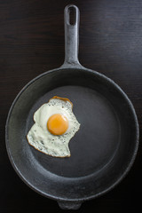 pan with fried eggs on a wooden background