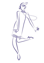 Obraz premium Flapper girl ubrana w ubrania z lat 20. i długie naszyjniki tańcząca charleston. Rysowanie linii atramentu na białym tle.