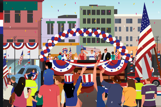 People Celebrating Fourth of July Parade Illustration
