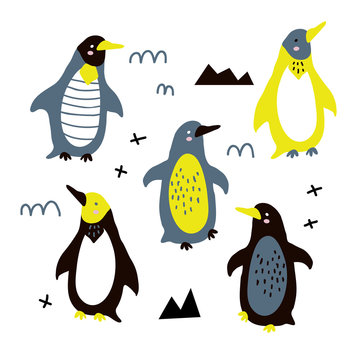 Vector illustration of cute funny baby penguin set for print,poster,scandinavian design